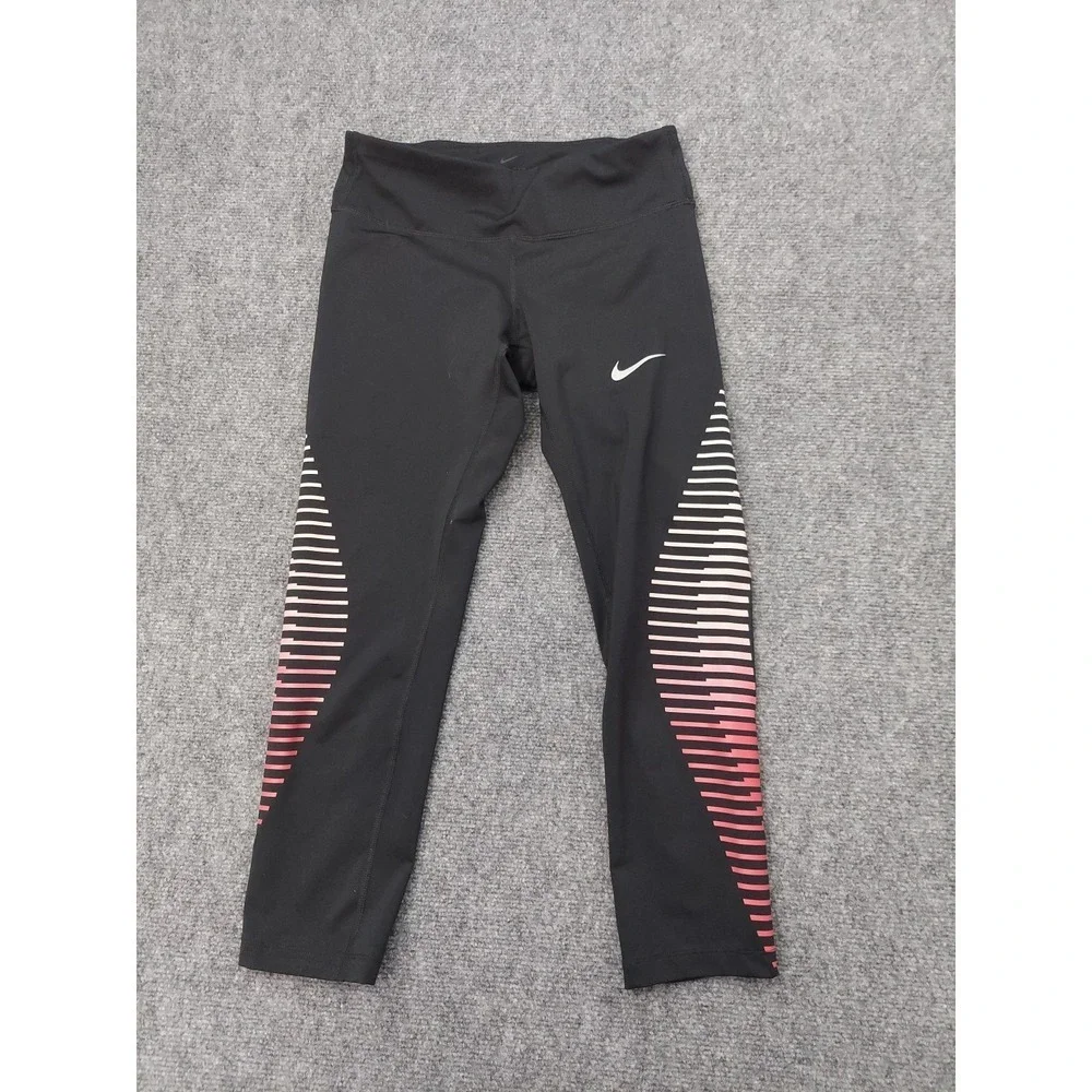 Nike Dri Fit Running Leggings Womens XS Black Pink Cropped Back Zip Pocket
